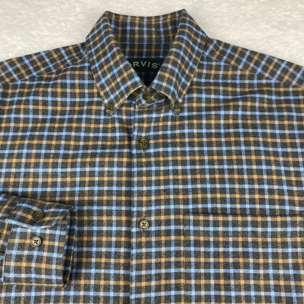 Orvis Luxury Flannel Shirt Mens Medium Blue Tan Plaid Cotton Button Down Pocket